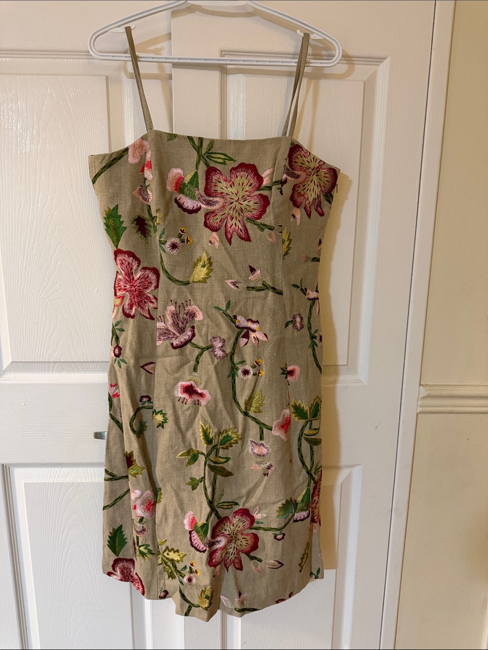 Carlisle Taupe  Dress with Pink & Green Floral Embroidery